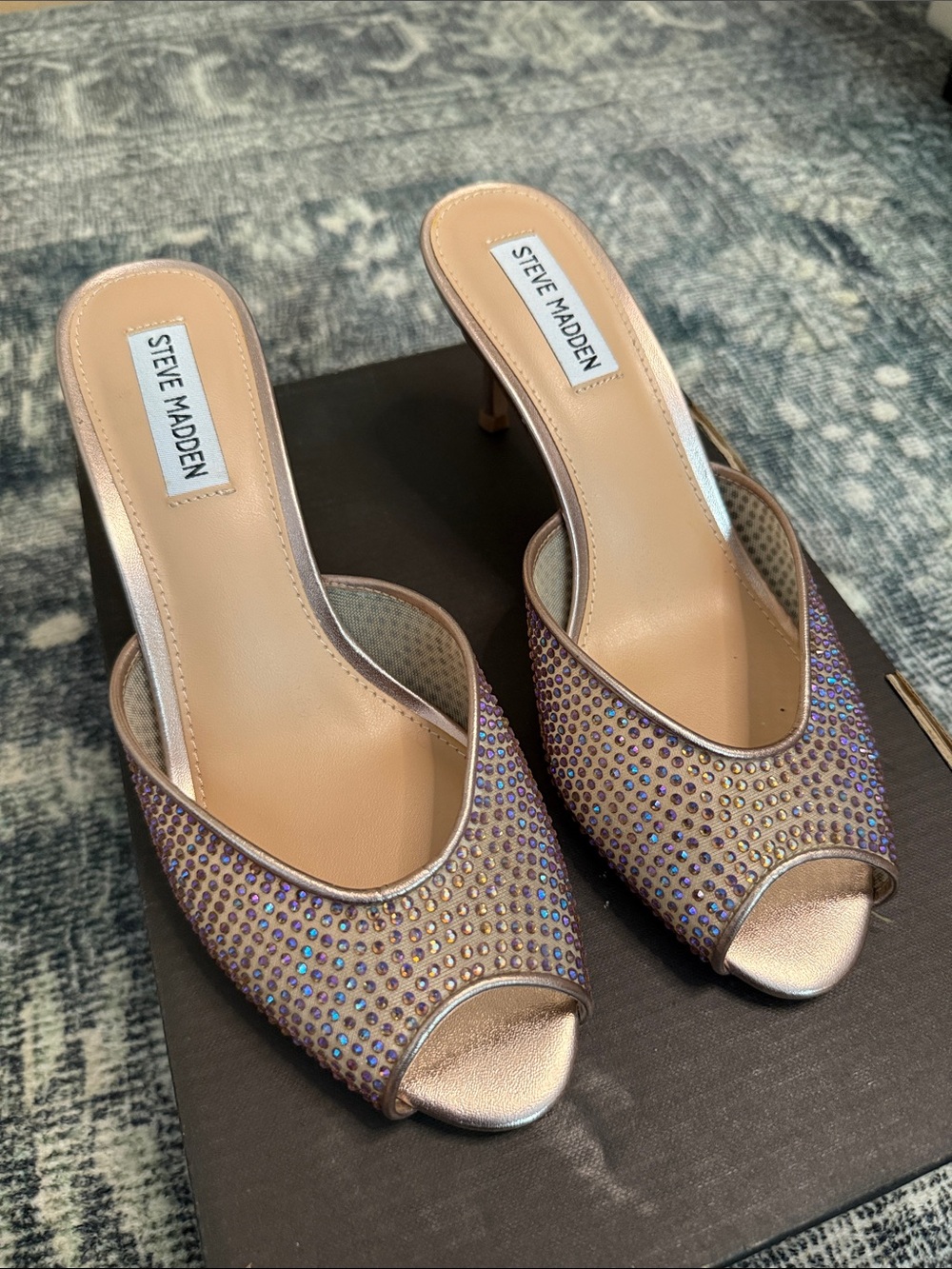 Steve Madden Rose Gold Crystal Embellished Peep-Toe Mules